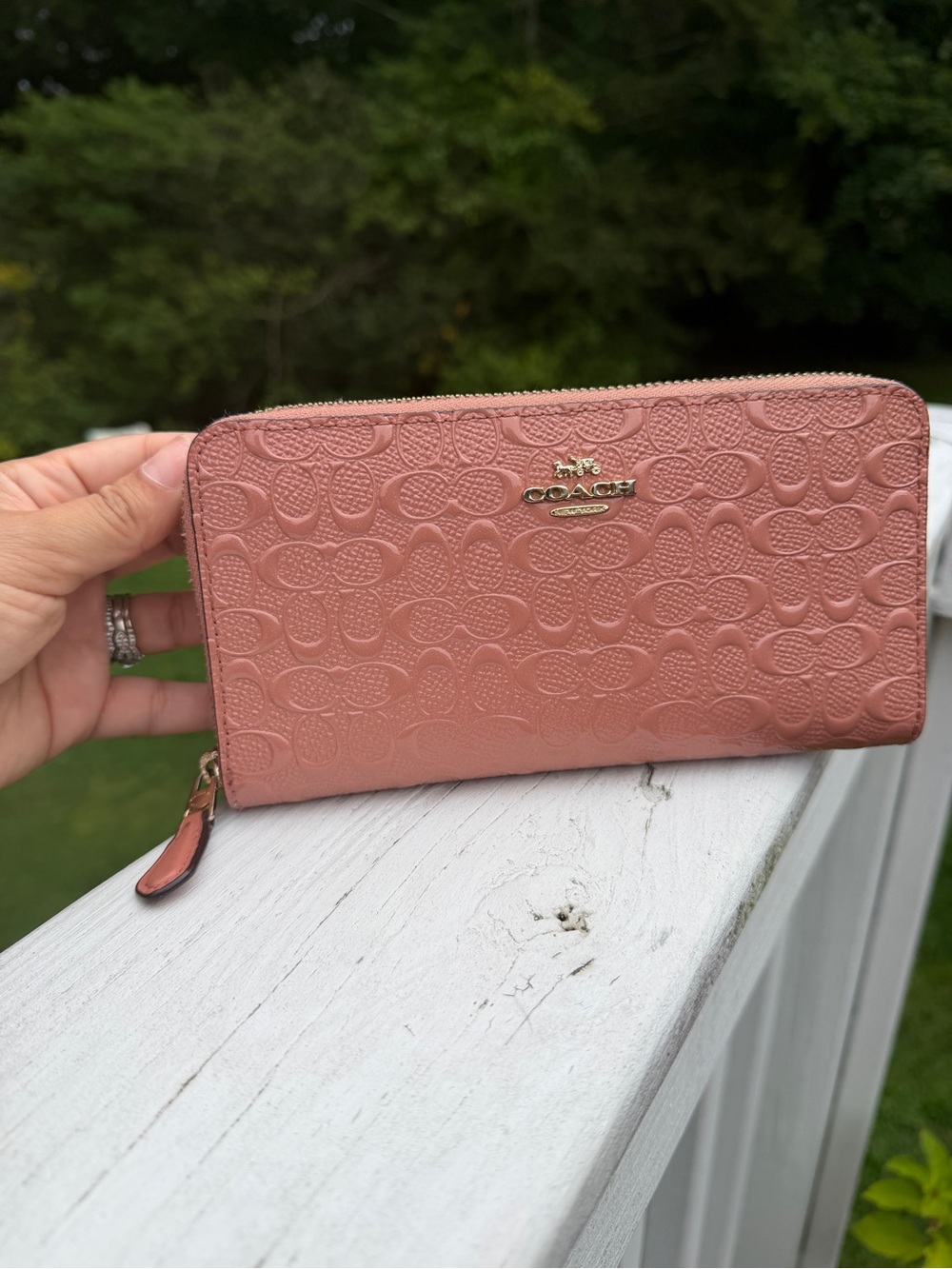 Coach F54805 Accordion Zip Wallet Strawberry Pink Signature Embossed Leather